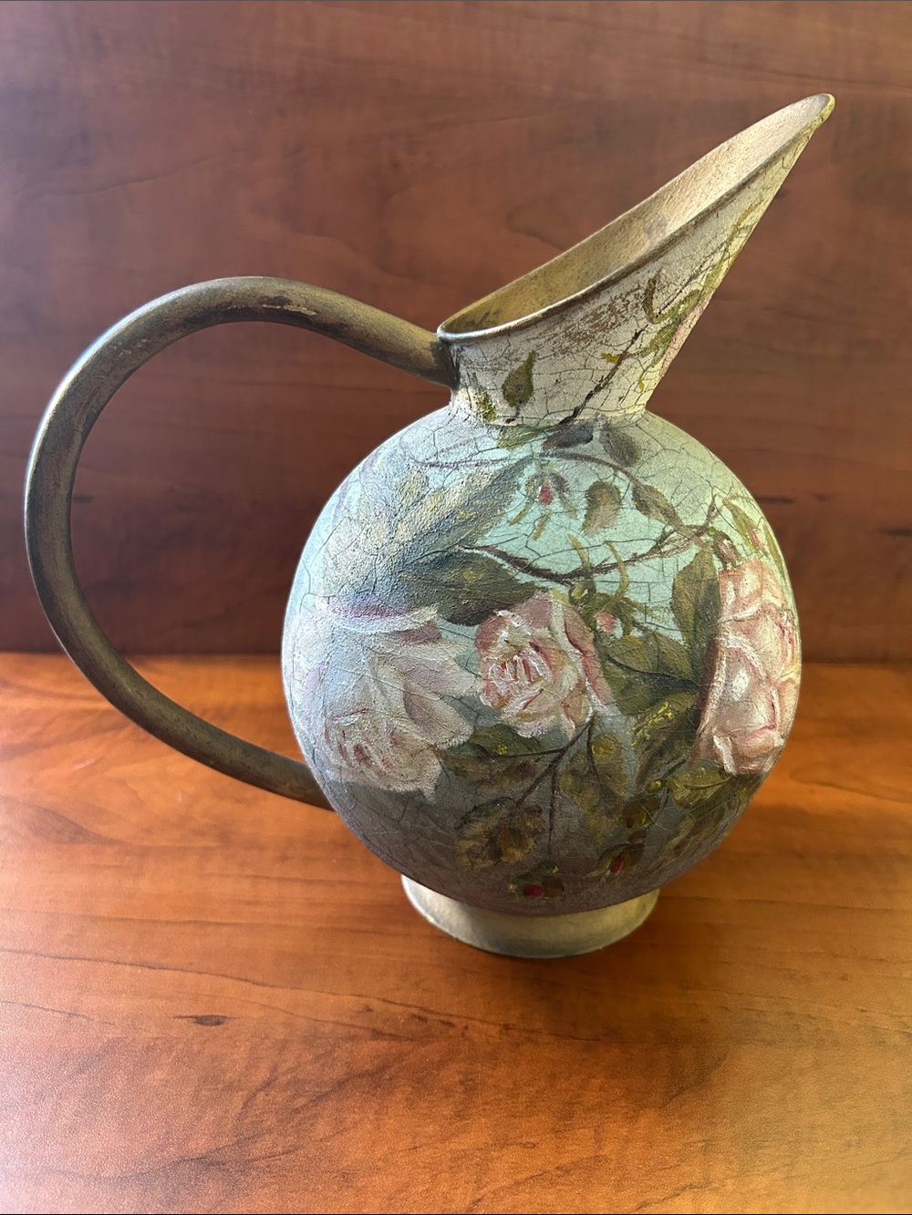 Hand-Painted Floral Pitcher Vase - Pale Green and Pink Victorian Vtg